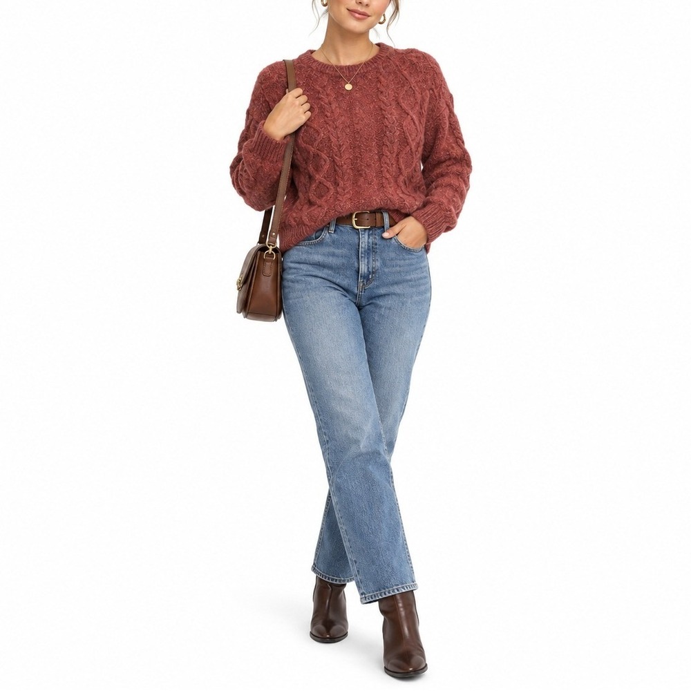 Madewell Merino Wool Alpaca Sweater Women Medium Red Cable Knit Cozy Fall Chunky